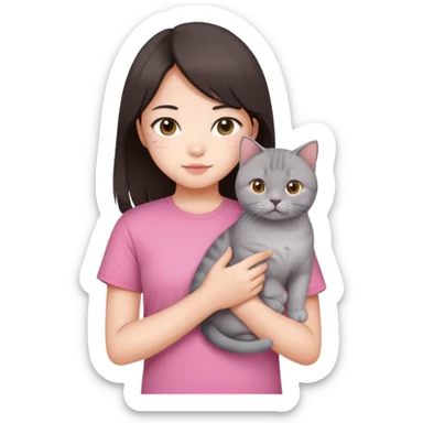 Chinese girl with dark brown half long hair wearing pink t shirt holding a British shorthair cat sticker