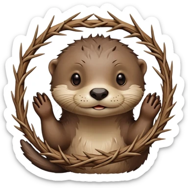cute otter portrait with thin horizontal thorny branch circling only the forehead, exactly like Jesus Christ's Crown of thorns, no crown shape on top, no metal, just a single wooden thorny stem wrapped horizontally sticker