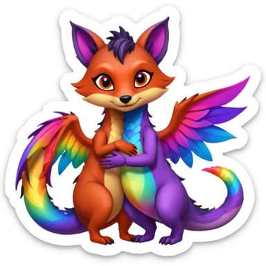 black female raccoon dragon hybrid with rainbow colored wings and purple eyes giving a big hug to a red female fox dragon hybrid with rainbow colored wings and orange eyes sticker