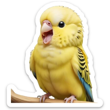 Cinematic Cute Yawning Yellow Budgie Portrait Emoji, Head tilted slightly with a dramatic, wide-open yawn, showcasing a soft, downy yellow feathered fur with gently drooping wings, round dark eyes barely open in drowsy contentment, Simplified yet irresistibly adorable features, highly detailed, glowing with a soft, cozy glow, high shine, relaxed yet expressive, stylized with a touch of whimsy, bright and endearing, soft glowing outline, capturing the essence of a sleepy yet affectionate budgie, so drowsy it feels like it could stretch out of the screen and curl up for a nap! sticker