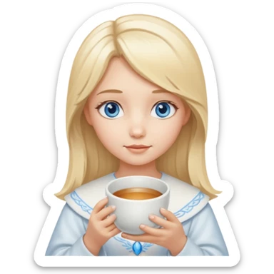 angelic blonde girl with middle length hair and blue eyes holds a cup sticker