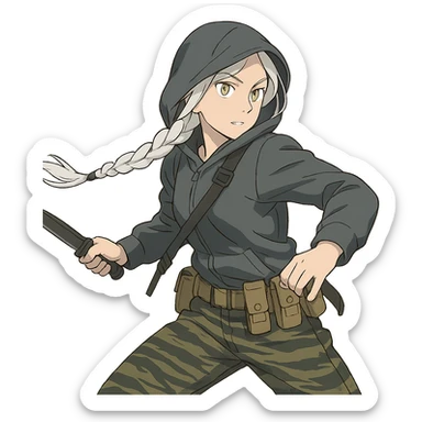 1 female, mid-20's  white hair long braid, gold yellow eyes, gray rainproof hoodie, hood up, single point sling, tan mag pouches on belt rig, tiger stripe camo pants, holding a combat blade, striking, swing sticker