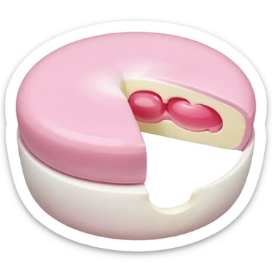 A soft round mochi cut in half, showing pink or red filling inside, white outer layer, smooth and pillowy texture, simple flat design, centered on transparent background. sticker