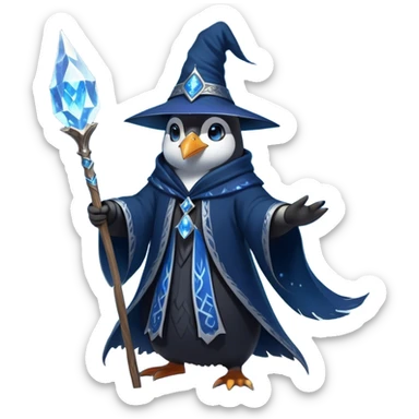 A mysterious penguin mage with sleek midnight-blue feathers, wearing a flowing black robe adorned with silver runes. A tall, pointed wizard hat sits slightly tilted on his head, the brim casting a shadow over his glowing icy-blue eyes. His flipper clutches an ancient wooden staff topped with a swirling crystal, radiating a soft, cold light. Snowflakes drift around him as he stands on a frozen cliff, his aura crackling with arcane energy, ready to summon a blizzard with a flick of his staff. sticker