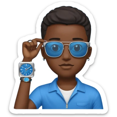 Un garçon noir avec des lunettes de soleil un peu bleu avec un cadran plutôt carré et SANS QU’ON VOIT SES YEUX. Et au dessus de sa tête il y a écrit BOUSs on dois pas voir ses yeux sticker