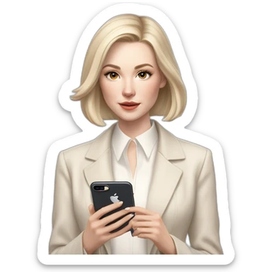 pale skin woman with ash blonde Straightened bob Hair, White Spacious classical jacket, beige palazzo Arrow pants and gray blouse holding white IPhone 14 pro in the hands sticker