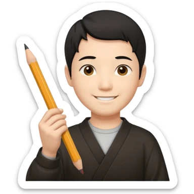 A Japanese male character with short hair, smiling, holding a pencil in his hand. sticker