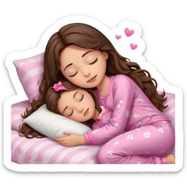Brunette girl with long wavy brown hair with brown eyes and sleeping on a withe bed with cute pink pjs (just one whirl) and with closed eyes sticker