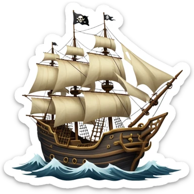 An icon representing an adventure game, inspired by high-seas exploration. The design features a fearless pirate gripping the wheel of a grand sailing ship, its tattered Jolly Roger flag billowing as it cuts through stormy waters. The scene evokes danger, treasure, and the thrill of the open sea. Transparent background. sticker
