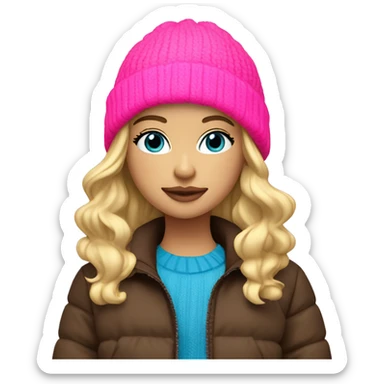 Blond girl blue eyes brown puffer jacket neon pink nitted beanie  sticker