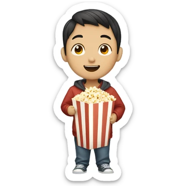 a Chinese young boy holding a cup of popcorn and sayin hi sticker