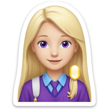 A pale girl with light blue eyes and long and blonde straight hair , smiling wearing a purple school uniform  sticker
