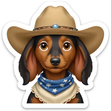 mostly black with some brown long hair daschund with a cowboy hat, ears curl out a bit and bandana sticker