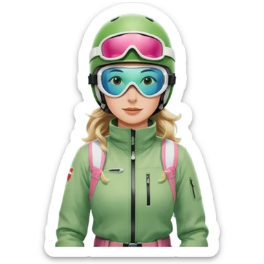 Woman, skiing, White helmet, rosa goggles Green Jacket, green trousers, blue skibackground Matterhorn sticker