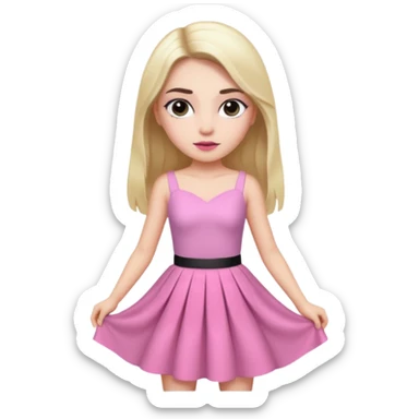 A photo of a white-skinned girl with black eyes and eyebrows and long bare hair, a beautiful pink skirt dress that has a lot of glamour and looks almost like a prince sticker