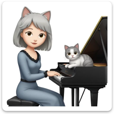 woman playing piano while her cat sits on top of the piano sticker