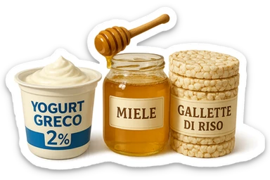 Yogurt Greco 2%
Miele
Gallette di Riso
vista frontale, iperrealistico 4k sticker