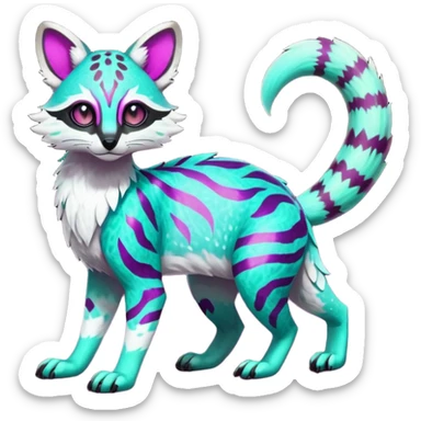 Rare realistic neon-colored iridescent shiny warm-colored lush tropical exotic cute epic pretty beautiful handsome gorgeous aesthetic colorful vibrant Vernid-Protogen-Primagen-Wickerbeast-Genet-Trico-species-Fakemon-hybrid-creature by LiLaiRa, beautiful intricate markings, full body sticker