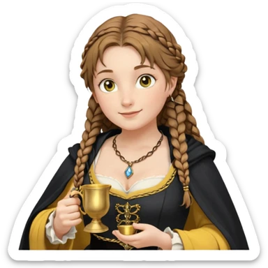 Helga Hufflepuff, light blue eyes, brown-haired, two braids, yellow-black medieval dress, black cloak decorated with gold braiding, tiny gold cup with two handles, very kind smile, half-turned in profile, curvy busty sweet woman, macromastia, thick round rosy cheeks, full length with medieval shoes sticker