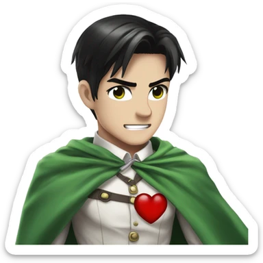 captain levi attack on titans emo black hair holding a cute heart wearing a white button down shirt and a green cape sticker