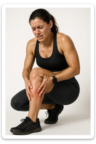 donna fitness che si tocca la gamba dolorante con espressione di dolore in volto, sente le gambe pesanti, iperrealistica 4k, sfondo bianco sticker