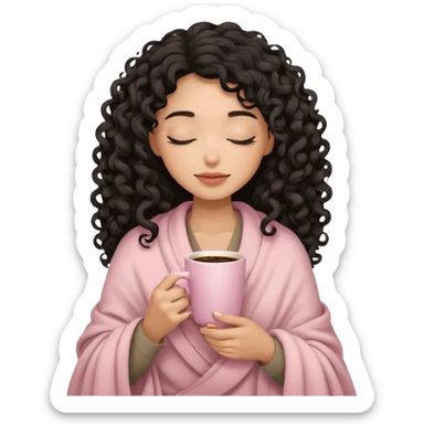 woman with medium sand tone, black long 3b curls, closed eyes, feminine face, holding soft pink coffee cup with beige blanket over shoulders sticker