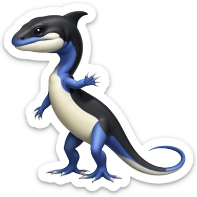 Black and white Orca-reptile-reptilian-lizard-skink-gecko-Digimon-Fakémon-hybrid full body, two legs, arms, tail sticker
