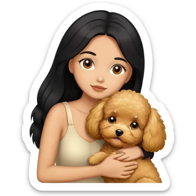beautiful woman with black long straight hair and brown eyes hugs a golden maltipoo  sticker