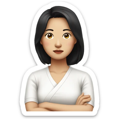 Very sad expression, Korean woman in her 40s, mother, black hair, white shirt, arms crossed sticker