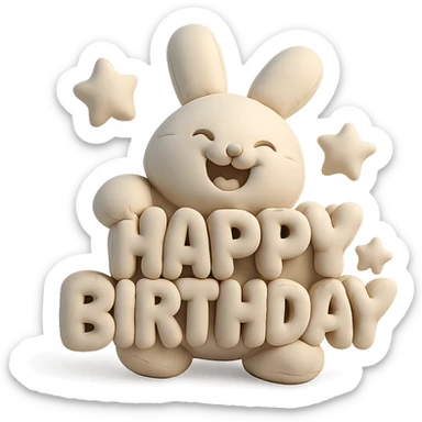 full-body laughing bunny hugging "Happy Birthday" letters with stars, cushion style sticker