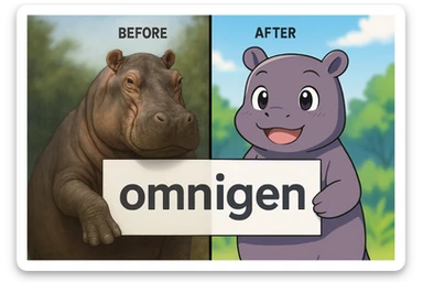 two hippo holding sign of omnigen, half picture 1 hippo is realistic another half is the anime of that same second hippo, with before after mark sticker