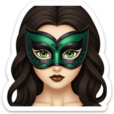 Greeneyed Woman hair with Long Dark brown hair wearing Black venetian mask sticker