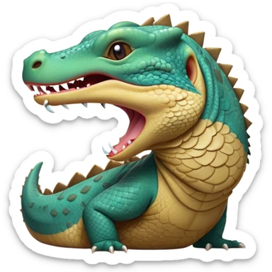 Cinematic Cute Yawning Komodo Dragon Lizard Portrait Emoji, Head slightly angled in a dramatic, wide-open yawn, showcasing rugged, textured scales and sleepy, half-closed eyes, Simplified yet irresistibly adorable features, highly detailed, glowing with a soft, cozy glow, high shine, relaxed yet expressive, stylized with a hint of whimsical wildness, soft glowing outline, capturing the essence of a drowsy yet endearing reptile that appears ready to stretch out for a nap! sticker