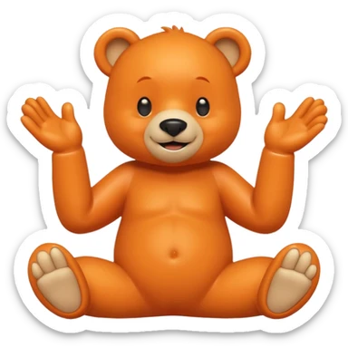 Create a orange friendly bear, make him look like from a kid cartoon and make him smile. Show his whole body. Make him look shy and cross his leg while pointing his index finger towards each other sticker
