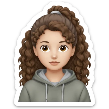 Woman, curly brown hair, hoodie, white pony tail sticker