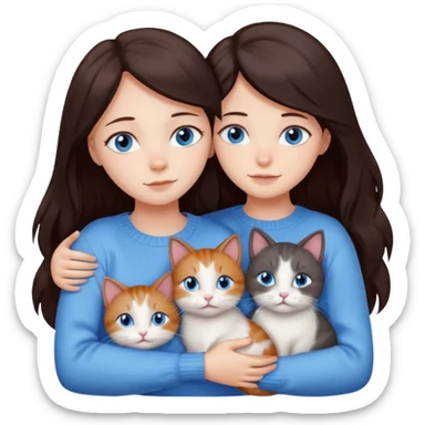 a girl with long dark 
brown hair, with blue eyes, in a
white sweater, hugs 3 different natural coloured cats sticker