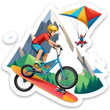 An emblem-style design representing extreme sports and lifestyle, featuring symbols of adventure such as a mountain, a skateboard, a kite, and a bike. The design is bold and dynamic, with sharp lines and energetic colors, capturing the essence of thrill, freedom, and adrenaline. sticker