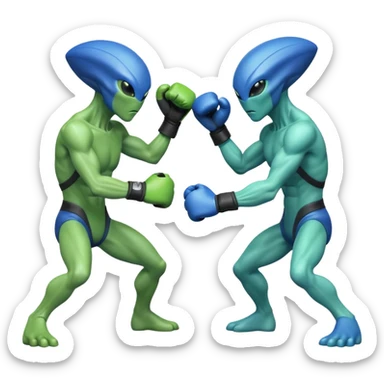 two aliens boxing in a fight stance, facing each other with raised gloves, dynamic action pose, intense expressions, sci-fi arena vibe, 3D cartoon style, mobile game icon style, clean background, no text, no watermark
 sticker