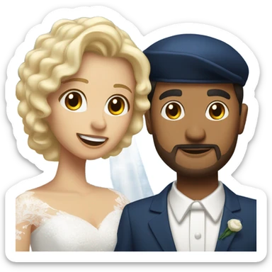 Puerto rican beard short hair with blue hat and navy blue suit getting Married with blond long hair girl with white  wedding dress  sticker