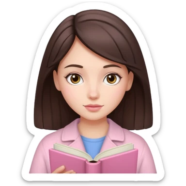 Beautiful brunette girl with fair skin reading a pastel pink book sticker