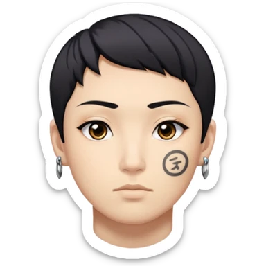 Japanese, with short black hair, black eyes, tattoo of a Roman numeral one on the left cheekbone sticker