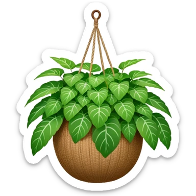 Plectranthus Verticillatus plant with perfectly circular coin-shaped green leaves in a coconut fiber hanging basket sticker