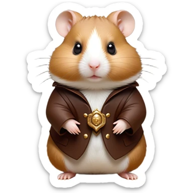 Cinematic Noble Brown Hamster Portrait Emoji, Poised and regal, with a tiny, compact build and a smooth, well-kept rich brown coat, deep-set soulful dark eyes, Simplified yet sharp and sophisticated features, highly detailed, glowing with a soft, dignified glow, high shine, intelligent and energetic, stylized with an air of miniature majesty, focused and attentive, soft glowing outline, capturing the essence of a watchful and confident rodent, so majestic it feels as though it could scurry out of the screen with effortless authority! sticker