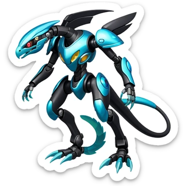 Shiny Dark Futuristic Celestial Glossy-Metallic-Alloy Cyborg-Fakemon-Pokemon-Digimon-Spectrobes-Raptor-fusion, full body, four legs, black body, cyan accents, scales sticker