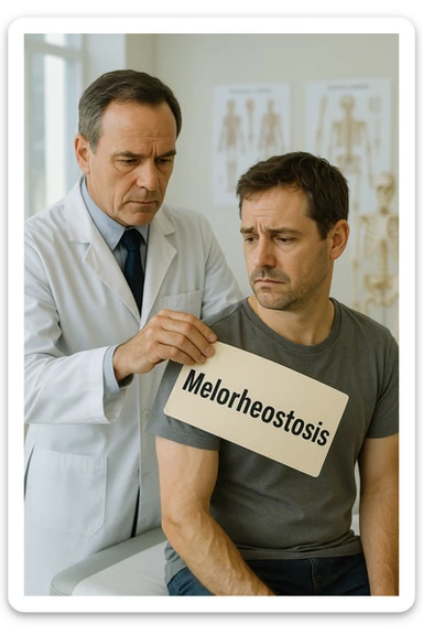 A realistic, cinematic illustration set in a bright, modern medical office. A middle-aged doctor in a white lab coat with a serious expression is shown gently placing a large paper label on the shoulder of a male patient sitting on the examination table. The label has the word 'Melorheostosis' written on it, symbolizing the act of labeling the patient with his rare bone condition. The patient looks confused and slightly disheartened, wearing a simple t-shirt with part of his arm exposed, showing subtle signs of bone thickening or deformation associated with melorheostosis. The background includes medical charts and a softly blurred skeleton model, emphasizing the medical setting. The lighting is bright but neutral, conveying a sterile, clinical atmosphere while focusing on the symbolic moment of receiving a diagnosis label. The mood is introspective and slightly heavy, illustrating the emotional weight of being defined by a rare chronic condition sticker