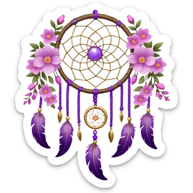 A white Dreamcatcher. with purple-round-orbs, gold-rings hanging down. purple flowers, pink sakura flowers, sticker