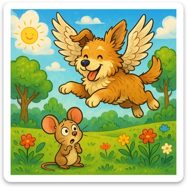 a whimsical dog with feathered wings flying over a surprised mouse in a park, colorful illustration sticker