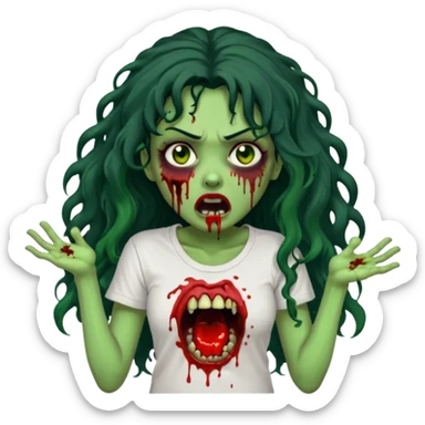 a zombie with long curly black hair volumoso, brown eyes, a white t-shirt and a splash of blood on her t-shirt, mouth open like a zombie, green skin color, not much expression, no drawing on shirt, no hands showing, less blood on her face, less blood, black hair and black eyes sticker