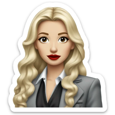 Russian Blonde long hair with big red lips small nose and black eyes Tiffany diamond seller in a grey suit sticker