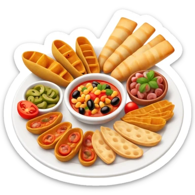 Cinematic Realistic Tapas Dish Emoji, depicted as an assortment of small, flavorful Spanish appetizers rendered with vibrant detail and warm, inviting lighting. sticker